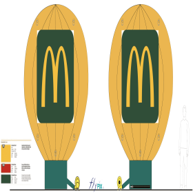 McDonald's Pont-l'Évêque : 1 montgolfière à poser sur toit, ventilée par turbine en permanence, enveloppe PVC 0.45 mm simple peau, hauteur 4 m x L = 3 m
