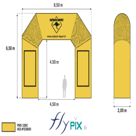 Dreamteamcar : 1 grande arche gonflable jaune, L = 4.5 m x H = 4.5 m, diamètre 2 m, air captif, enveloppe PVC 0.6 mm