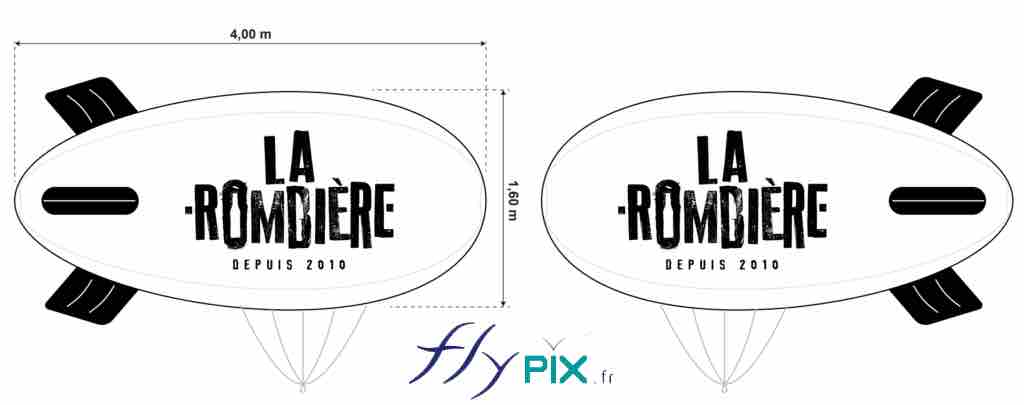 Restaurant la Rombière : bat (bon à tirer) d'un dirigeable imprimé air captif L = 4 m à hélium, avec impression recto/verso 2 faces.
