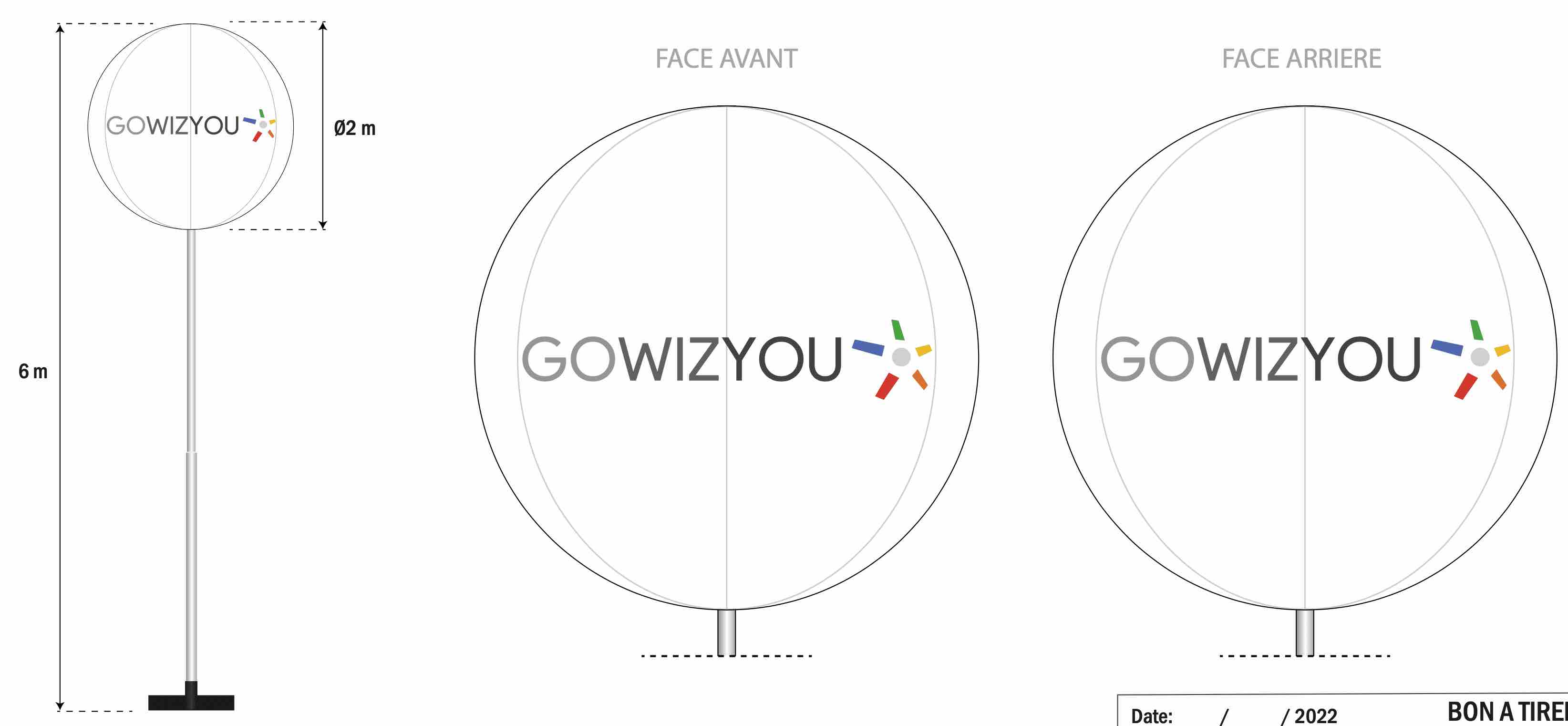 Gowizyou : ballon sphérique imprimé D = 1.5 m sur mat télescopique H = 6 m, air captif, PVC 0.18 mm simple peau.
