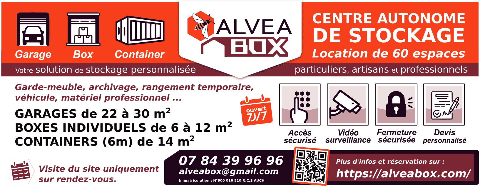 Brochure presentation : Alveabox espace de stockages, location de boxes, garages, containers, à Isle-Jourdain dans le Gers 32600. 