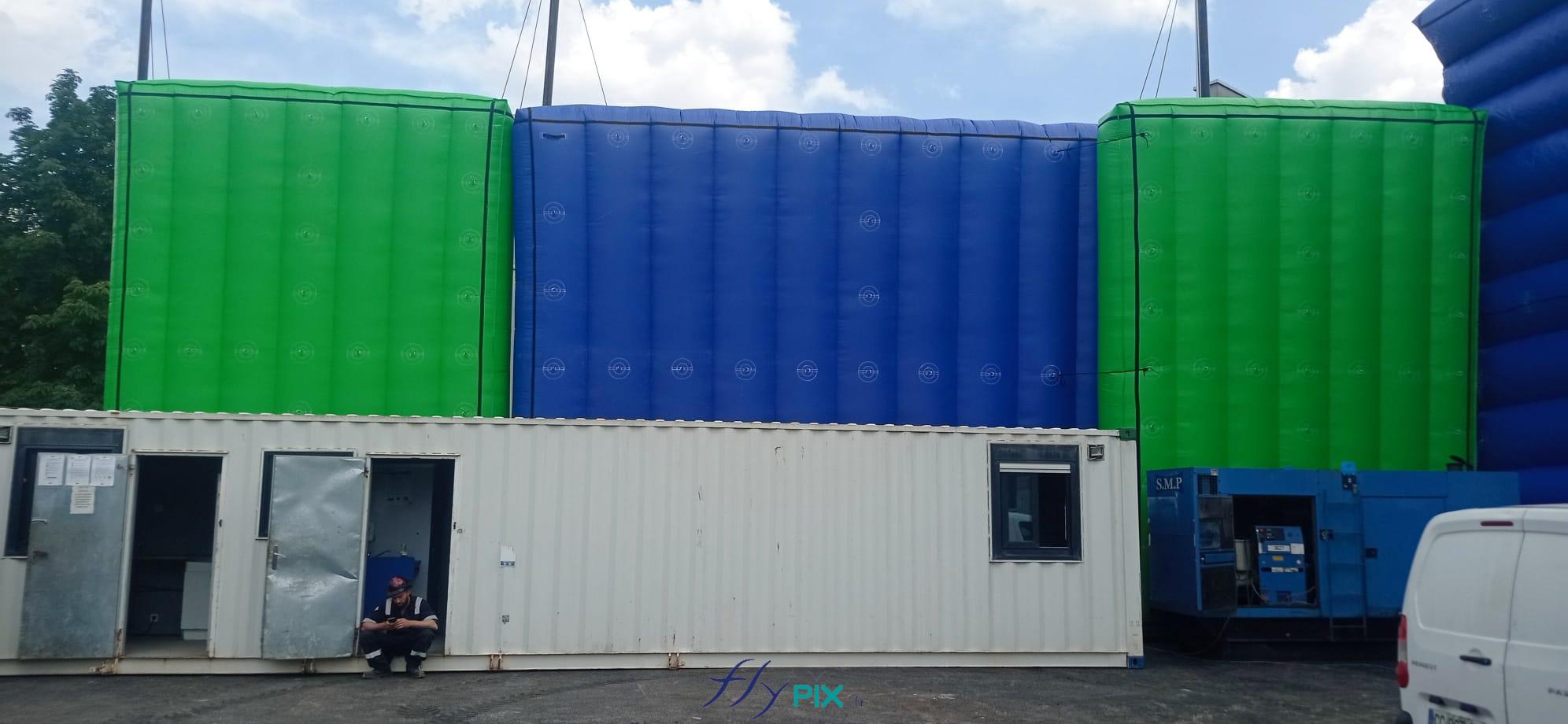 Chantier pose installation murs gonflables reduction bruits SMP DRILLING enveloppe PVC 045mm ventiles turbine permanence 5