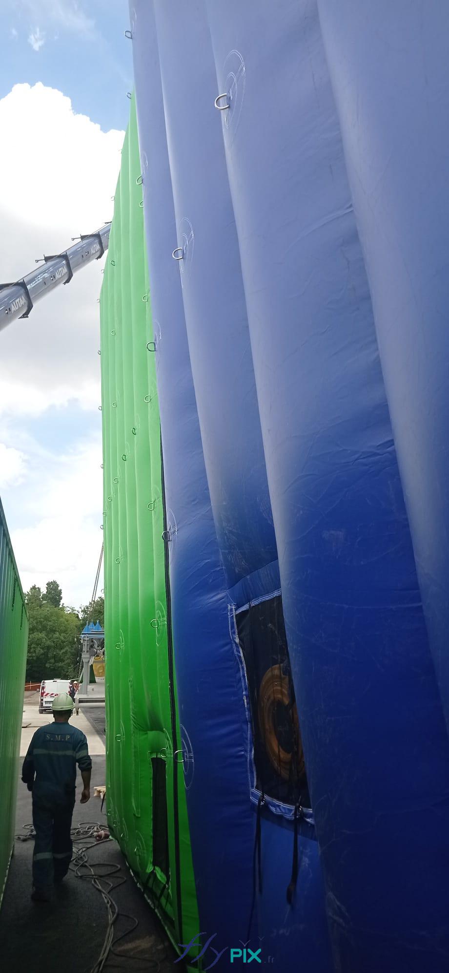 Chantier pose installation murs gonflables reduction bruits SMP DRILLING enveloppe PVC 045mm ventiles turbine permanence 8