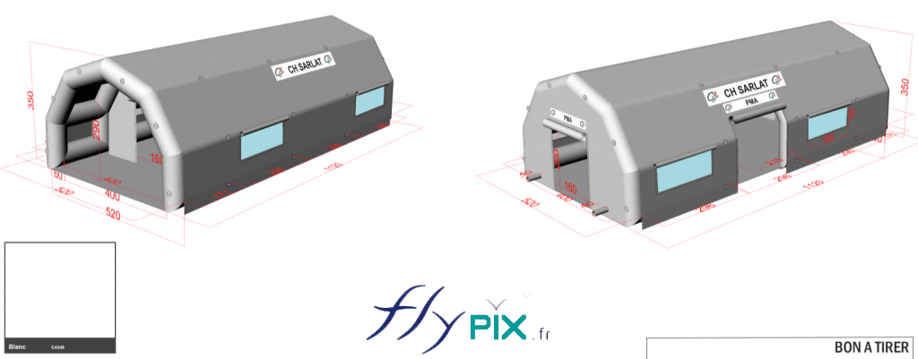 Bon à tirer, modélisation 3D : Tente PMA (Poste Médical Avancé), fabriqué pour le Centre Hospitalier Jean Leclaire Sarlat.
