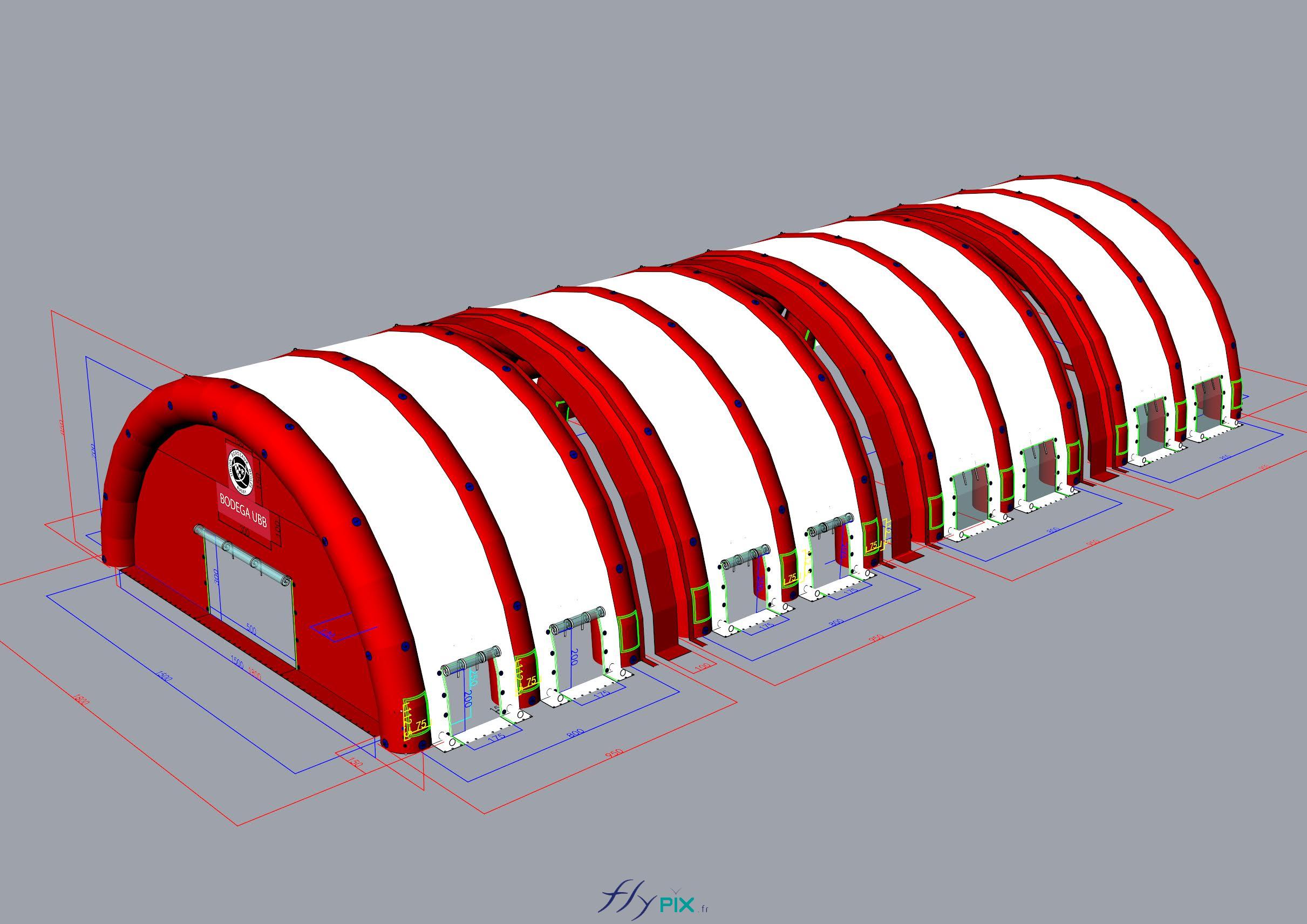 FLYPIX Etude modelisation 3D infographie conception tente reception public air captif tunnel pompe regulateur pression enveloppe PVC 06mm simple peau UNION BORDEAUX BELGES 1