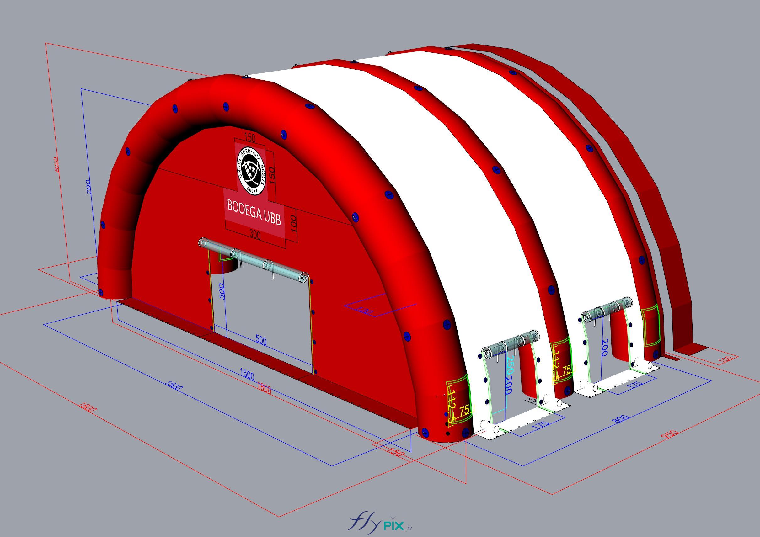 FLYPIX Etude modelisation 3D infographie conception tente reception public air captif tunnel pompe regulateur pression enveloppe PVC 06mm simple peau UNION BORDEAUX BELGES 2