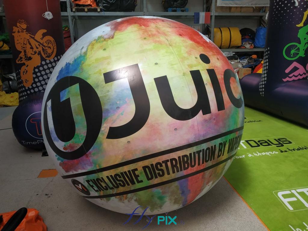 Ballon sphérique D = 2.5 m à hélium, marquage en impression full print totale numérique couleur, enveloppe PVC 0.18 mm simple peau.