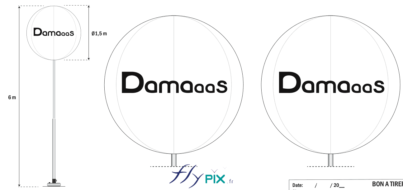 FlyPix Ballon sur mat sphere air captif enveloppe pvc 018 mm simple peau impression recto verso 2 faces couleur fond blanc stand salon professionnel DAMAAS