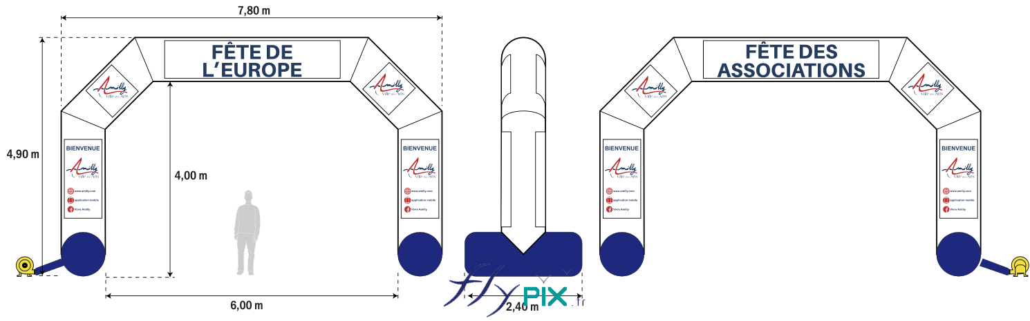 FlyPix arche gonflable publicitaire 10 banderoles amovibles MAIRIE AMILLY ventile turbine enveloppe PVC 045mm