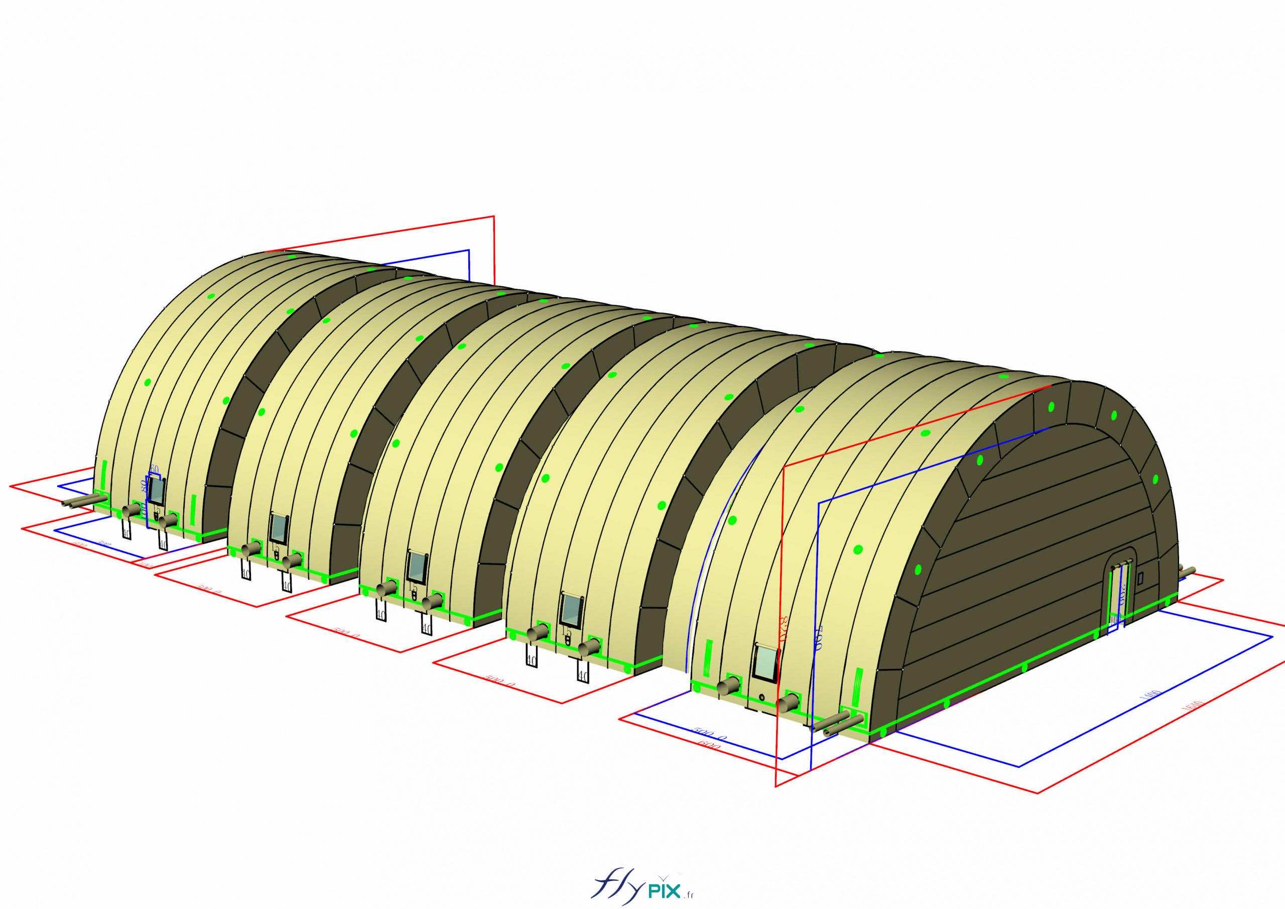 abri tente tunnel hangar gonflable militaire grande taille 5 modules ventile turbine permanence enveloppe pvc 045 mm 12