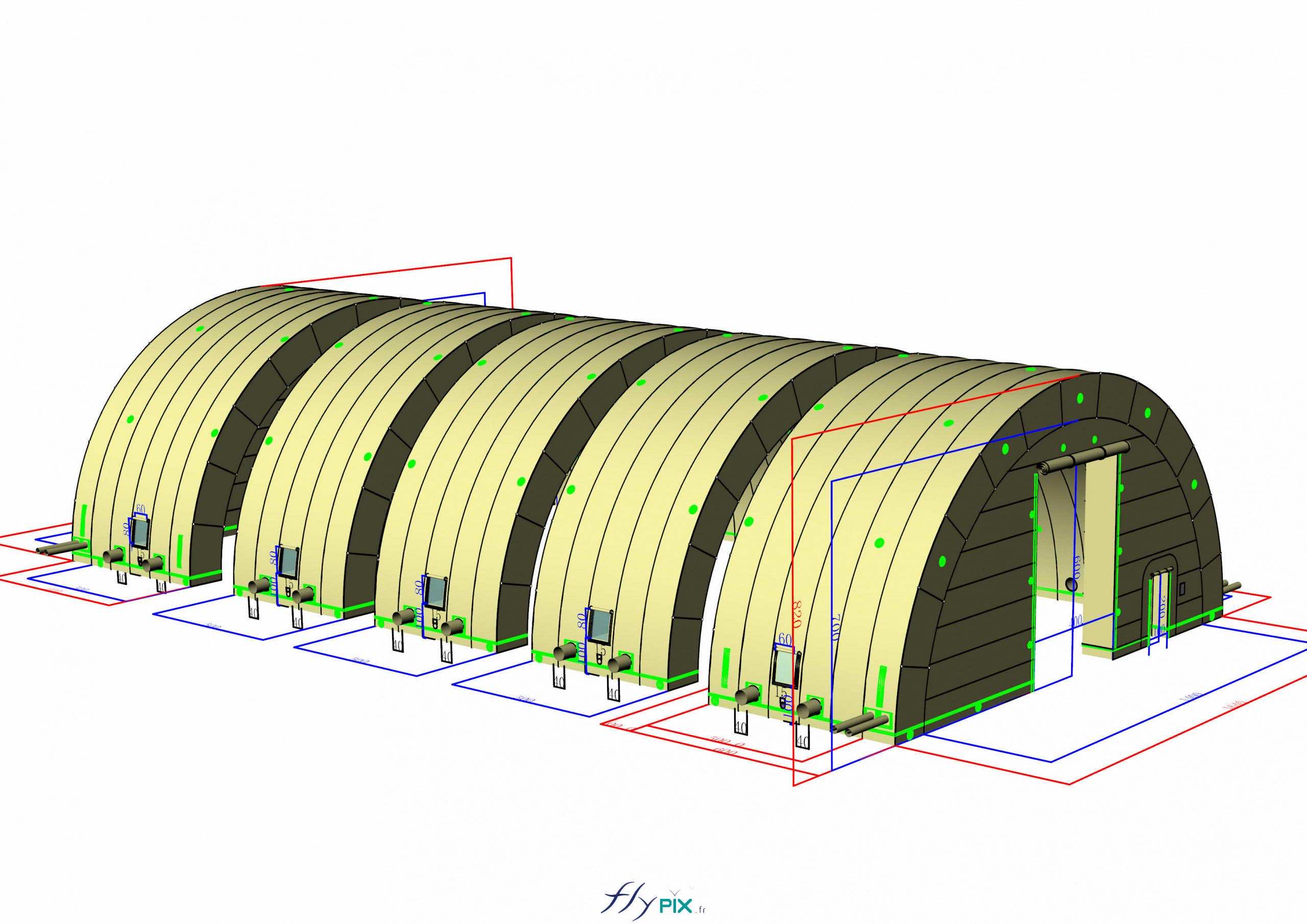 abri tente tunnel hangar gonflable militaire grande taille 5 modules ventile turbine permanence enveloppe pvc 045 mm 15