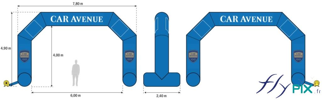 Arche gonflable publicitaire 6 x 4 m, avec 10 banderoles de marquages amovibles imprimés fixations velcro, pour le concessionnaire automobile CAR AVENUE LUXEMBOURG