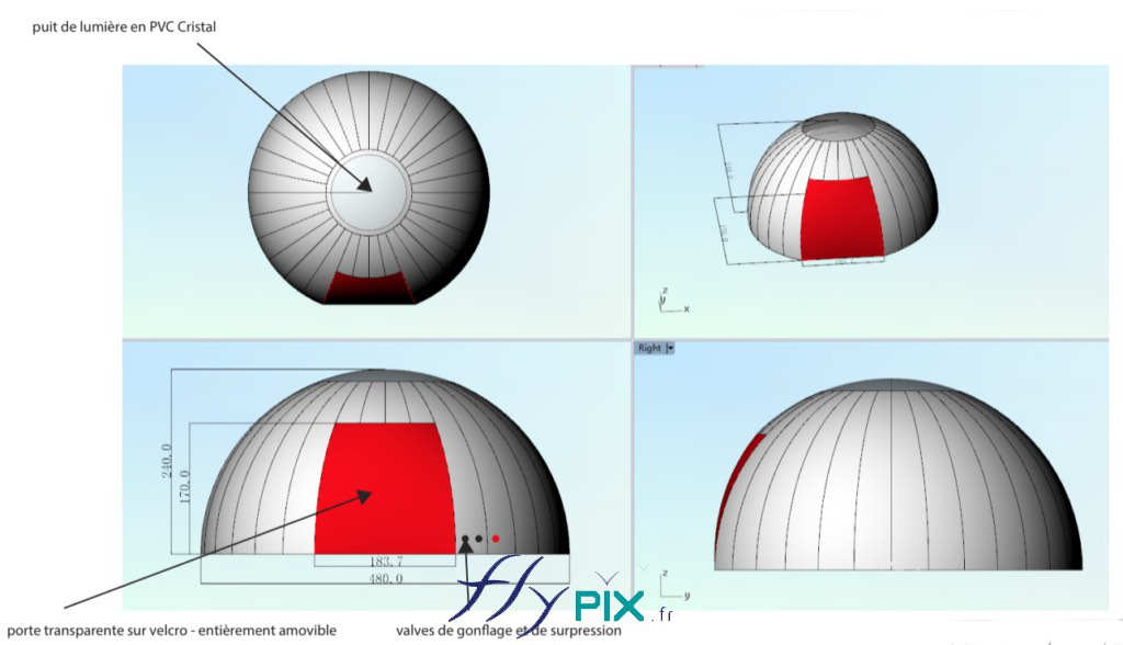 Fabrication d'une tente igloo barnum gonflable, air captif, en enveloppe double peau capitonnée PVC 0.6 mm, pour la BRASSERIE DU GRAND COCOR