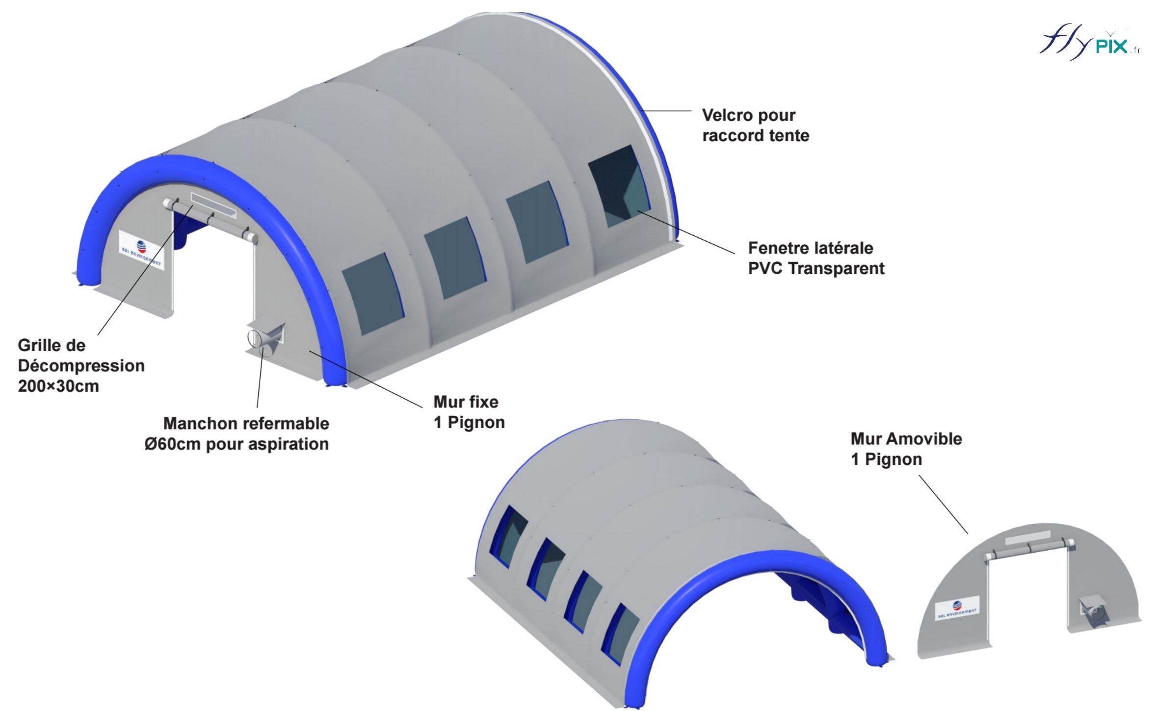 Plan de présentation du concept de la tente gonflable industrielle de très grande taille.